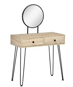 Comprar HOMCOM Tocador Mesa de Maquillaje roble con Espejo Redondo, 2 Cajones y Patas de Metal