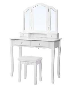 Comprar SONGMICS Mesa Tocador Bucólico Blanco con Espejo Plegable, Taburete y 4 Cajones