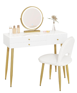Comprar WOLTU Juego Tocador con luz regulable, 3 cajones, escritorio Grande y silla Ajustable Blanco + Dorado