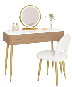 Comprar WOLTU Mesa Tocador con 3 cajones, luz regulable , escritorio Grande y Silla Ajustable en Respaldo de Terciopelo, Caqui + Dorado