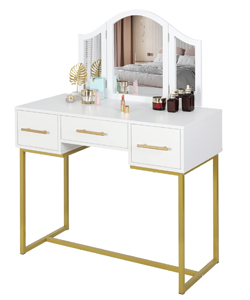 comprar WOLTU Tocador Maquillaje con Espejo 3 Plegables y cajones Blanco y Dorado